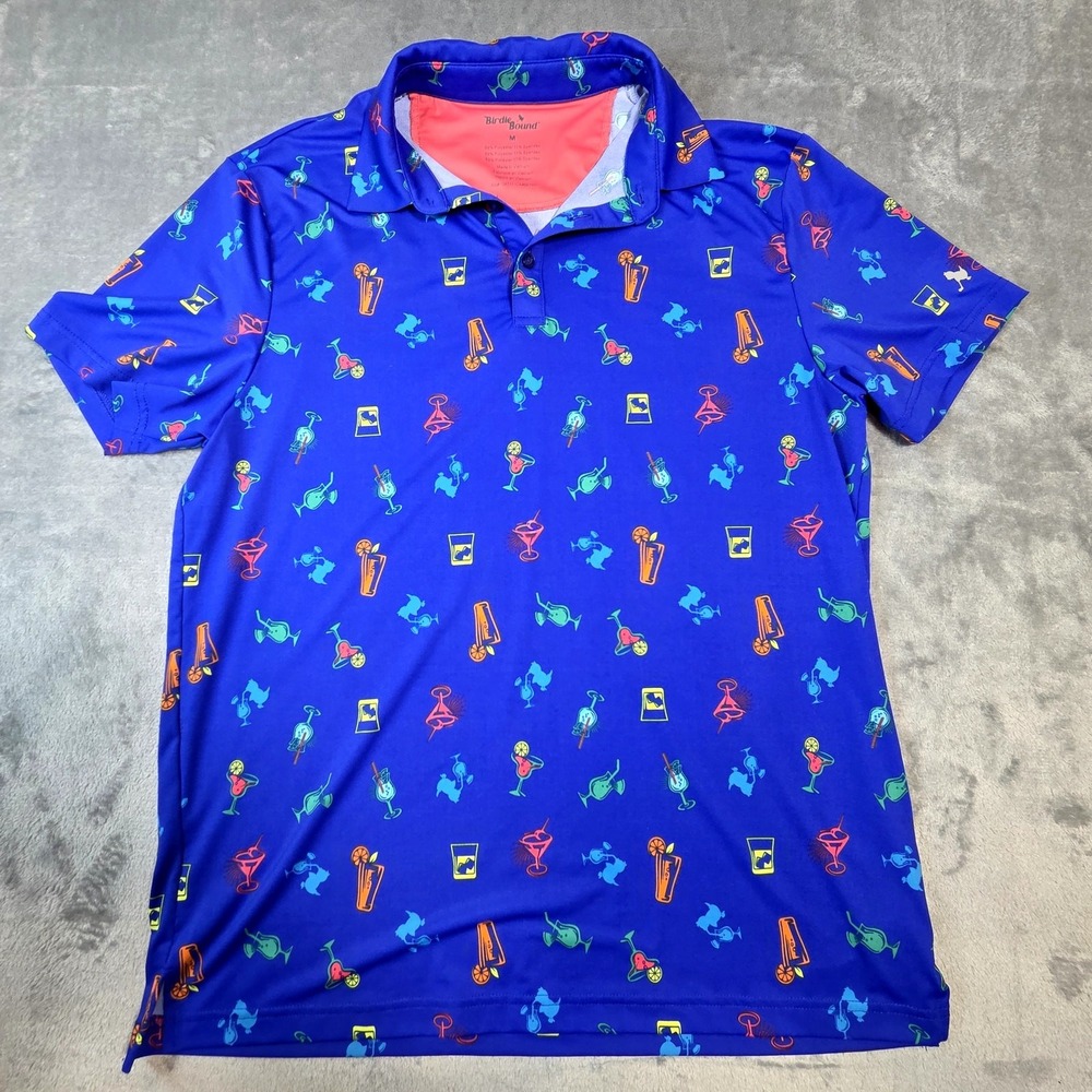 Birdie Bound Golf Polo Royal Blue w/ Margaritas sz Medium moisture wicking